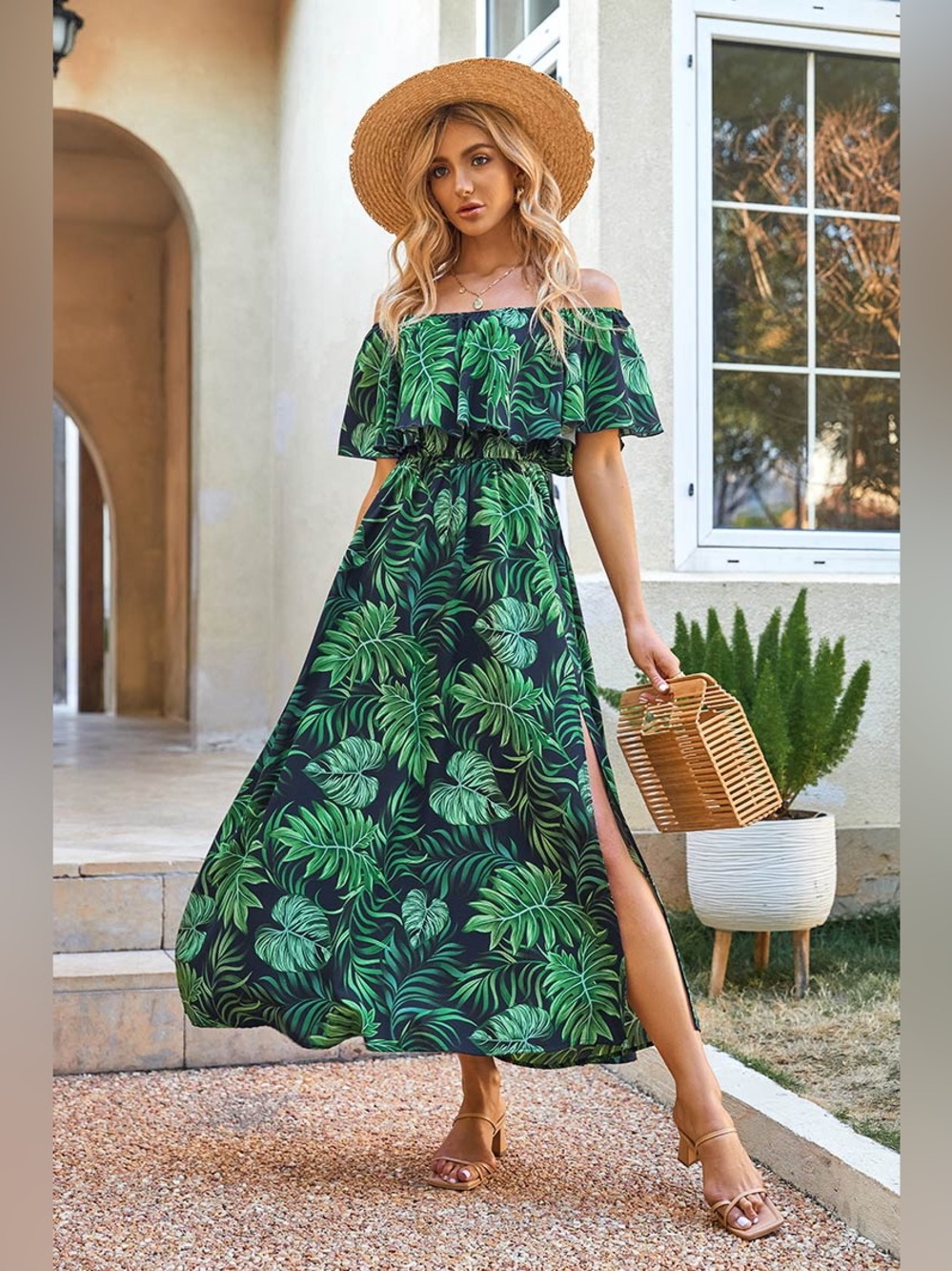 Cupshe Margot Tropical Palm Green Maxi Dress Resortwear Vacation Flirty Coquette - Picture 1 of 12
